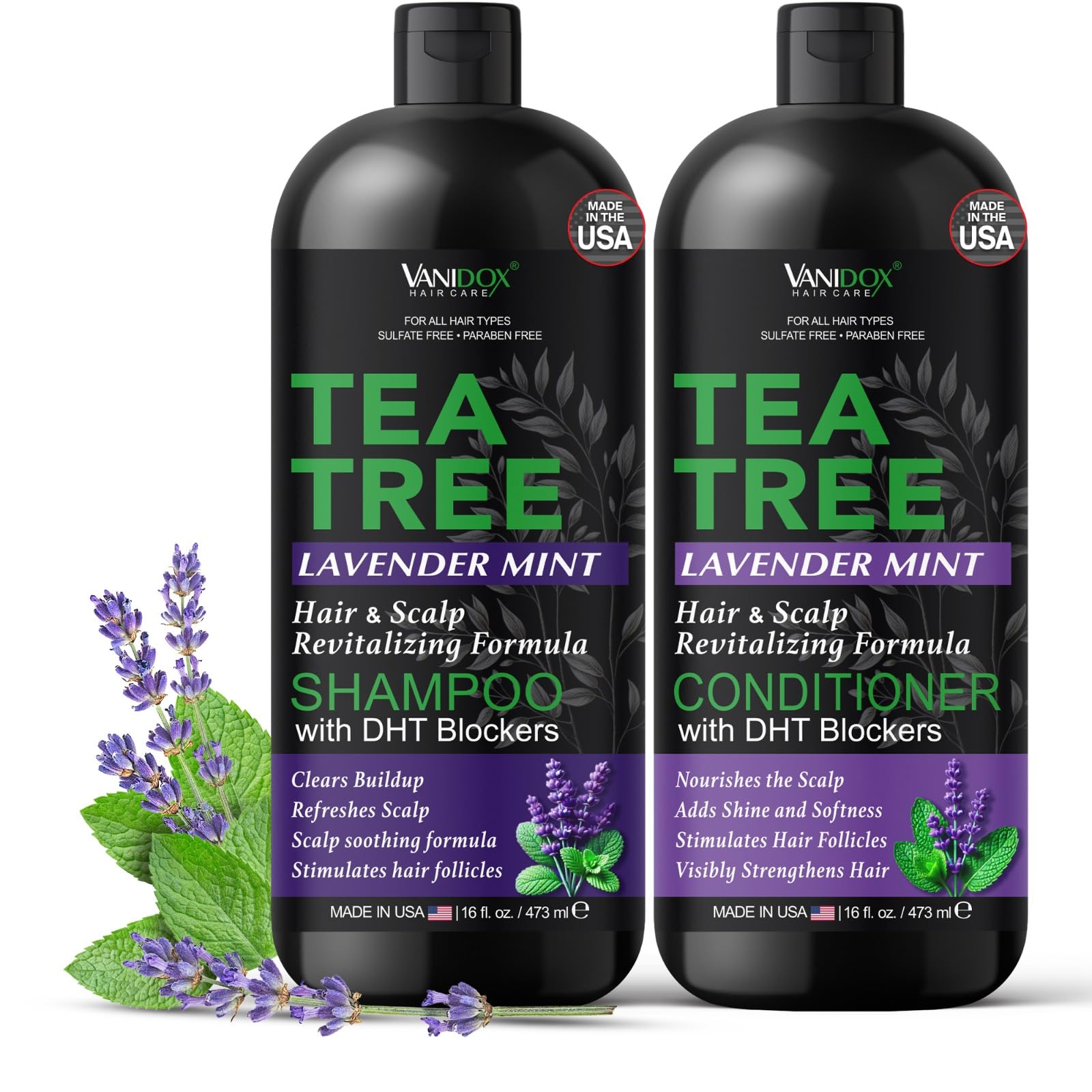 Vanidox Tea Tree Shampoo bottle delivers refreshing scalp cleanse and cooling aromatics.