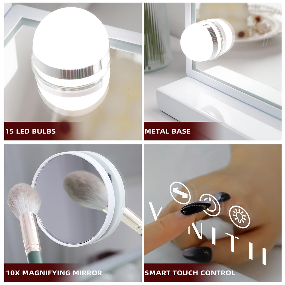 VANITII detachable 10X magnifying mirror enables precise eyeliner and lash work.