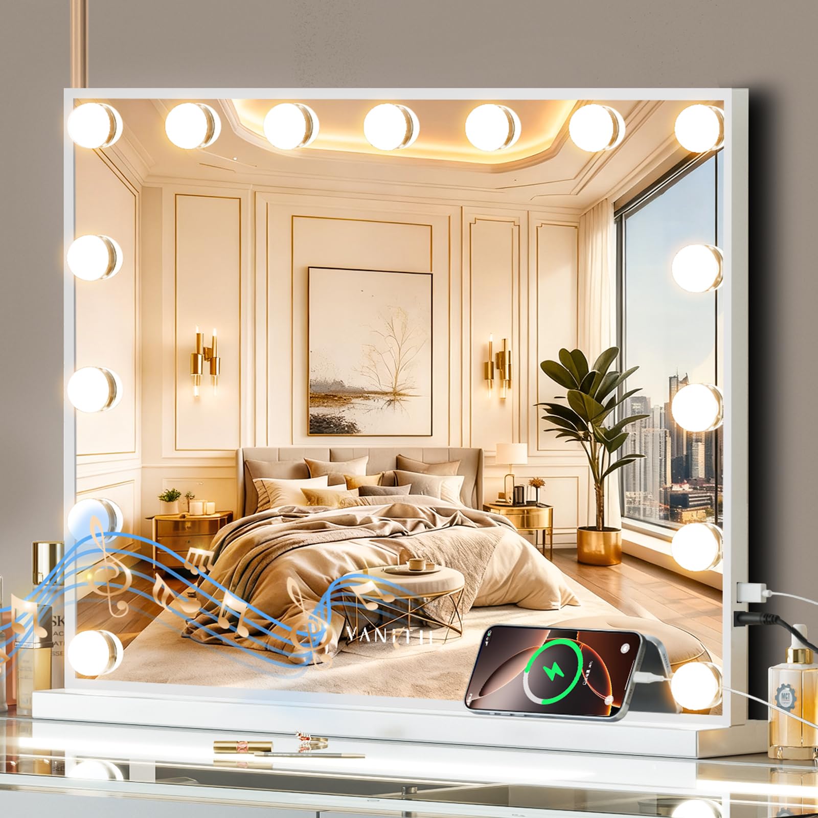 VANITII GLOBAL vanity Hollywood mirror front view with lit bulbs for precise makeup application.