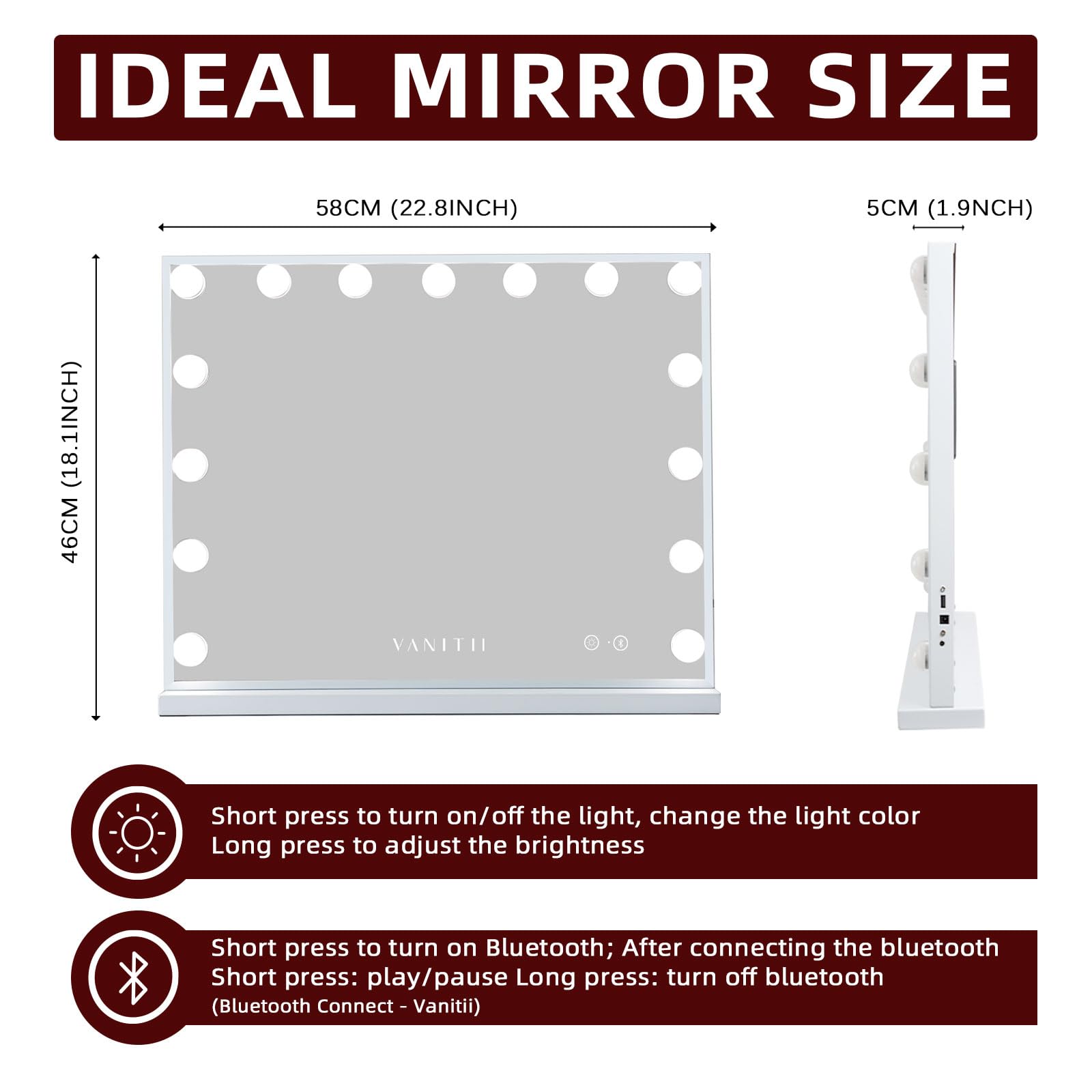 VANITII GLOBAL vanity Hollywood mirror side angle showing slim profile and ambient lighting.