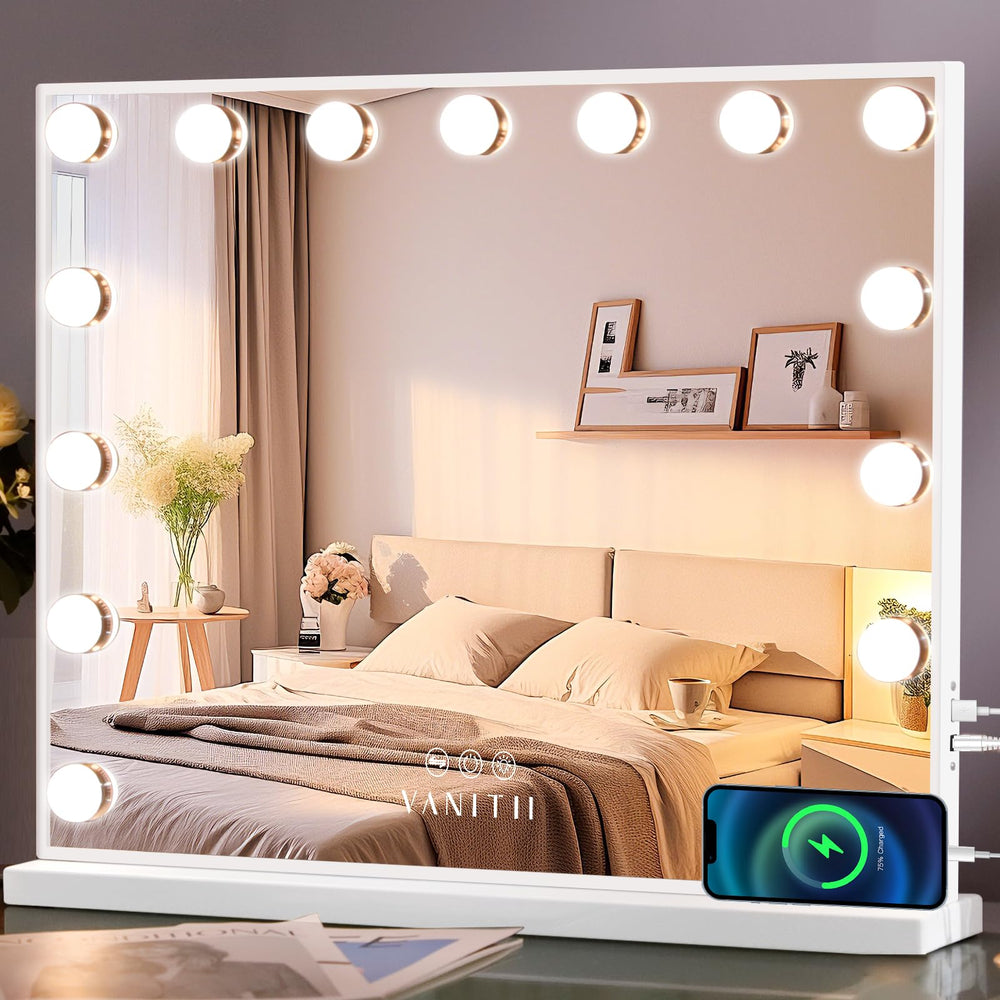 VANITII Hollywood vanity mirror with lights on tabletop shows color-accurate makeup reflections.