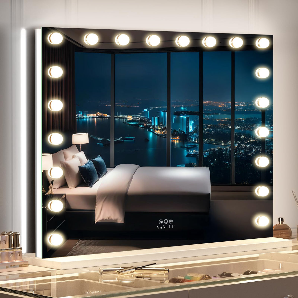 VANITII large vanity mirror 40x32 with backlit RGB offers even illumination for makeup