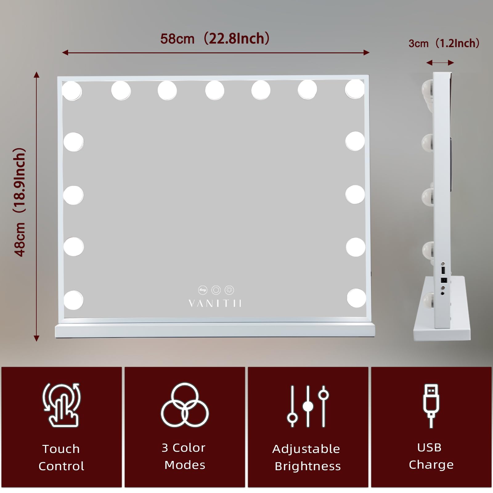 VANITII vanity mirror with 15 dimmable LED bulbs for adjustable brightness during routines.