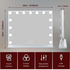 VANITII vanity mirror with 15 dimmable LED bulbs for adjustable brightness during routines.