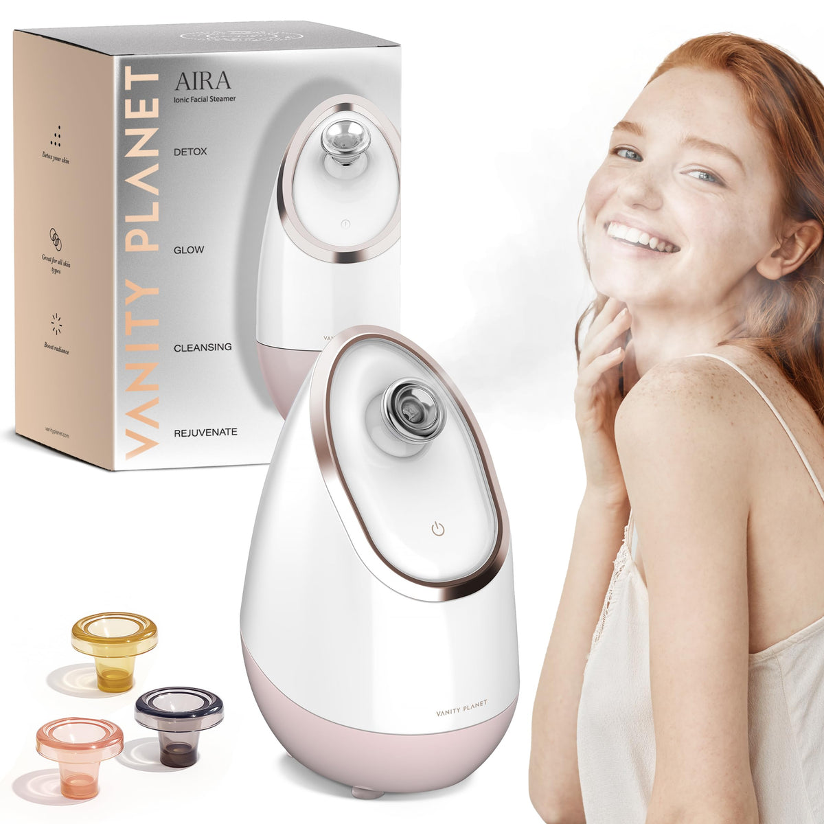 Vanity Planet Aira steamer rose gold front view for pore cleansing
