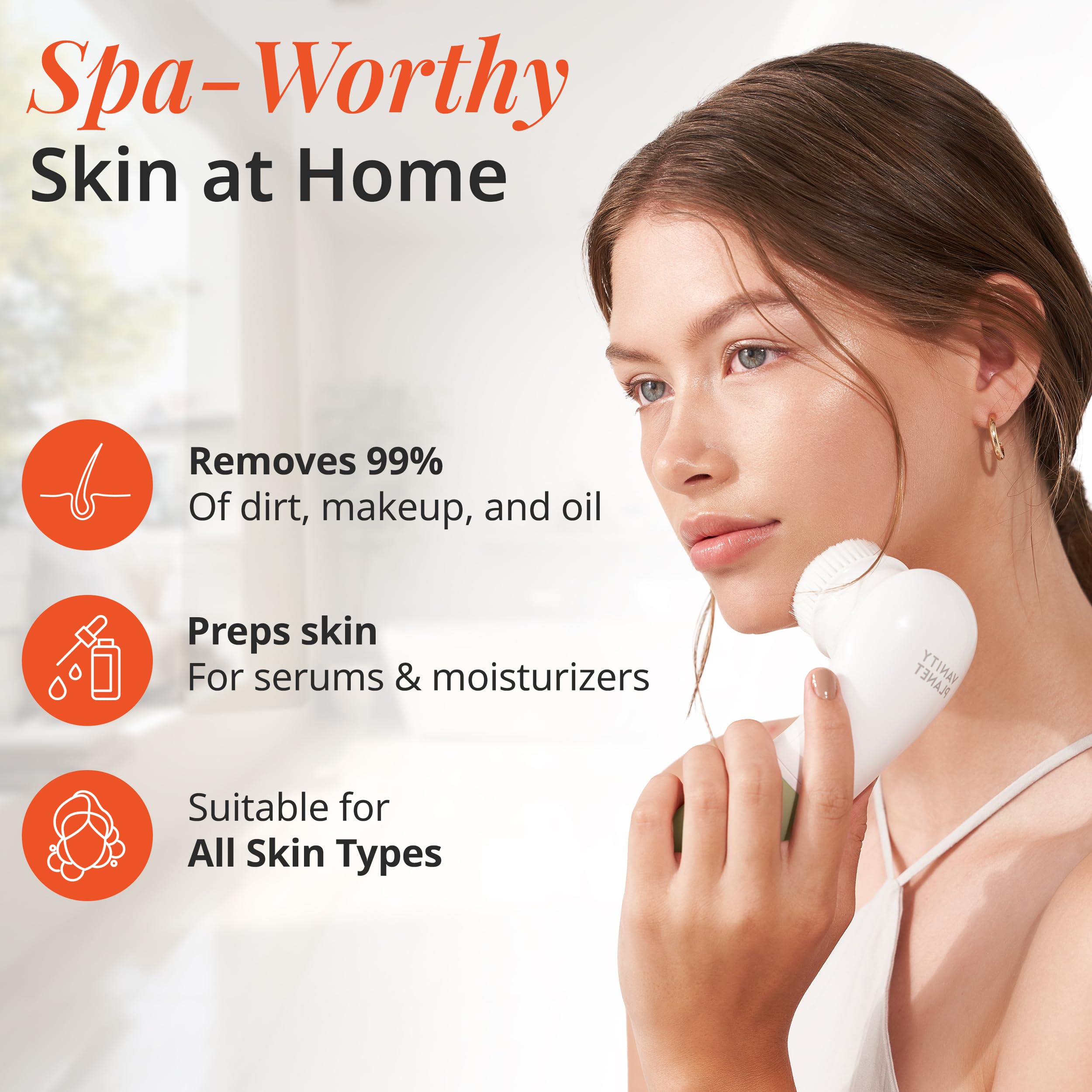 Vanity Planet Raedia cleansing head closeup showing thorough skin cleansing benefits.