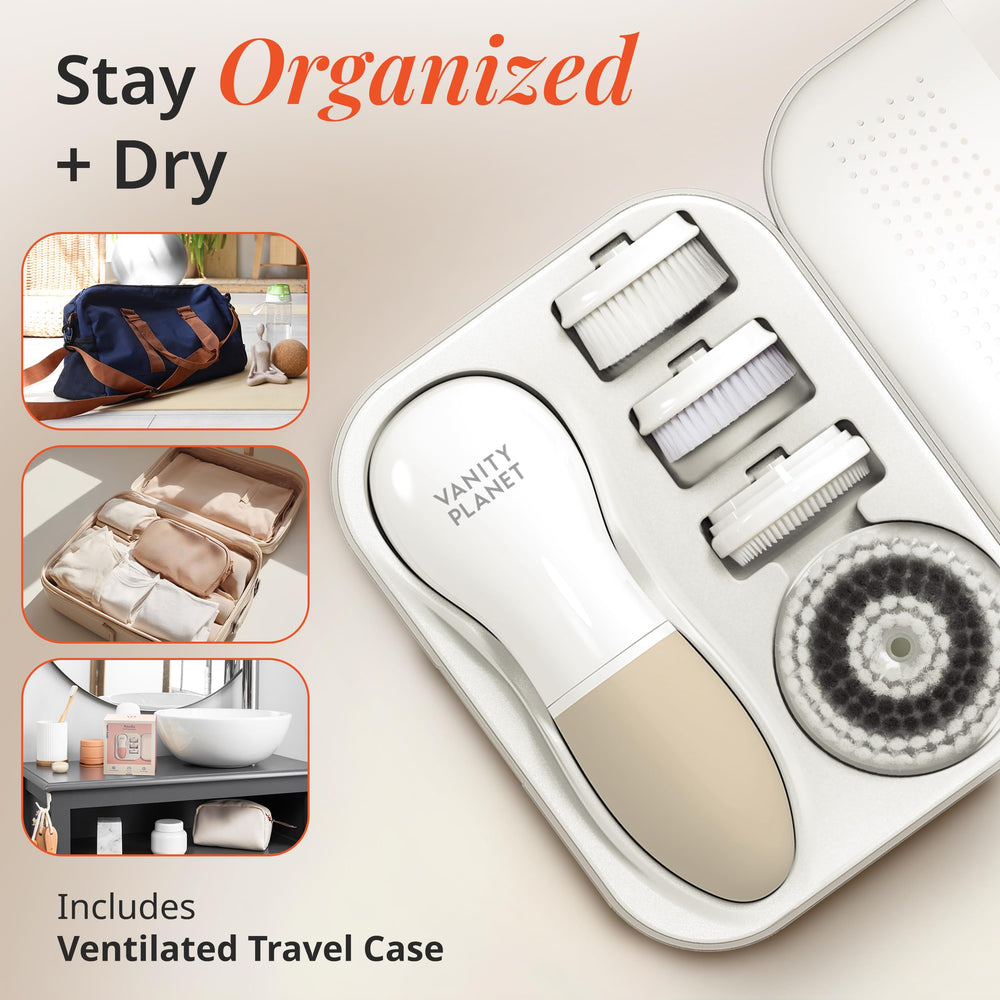 Vanity Planet Raedia travel case keeping brushes organized and dry on the go.
