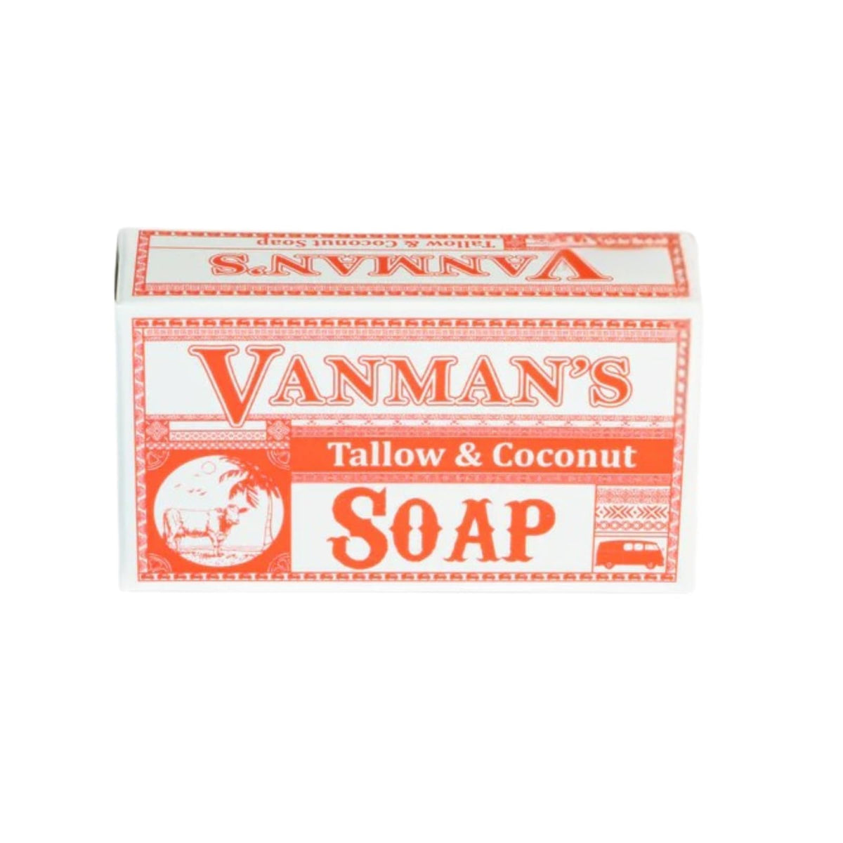 The VanMan Beef Tallow Soap close-up shows nourishing texture for skin.