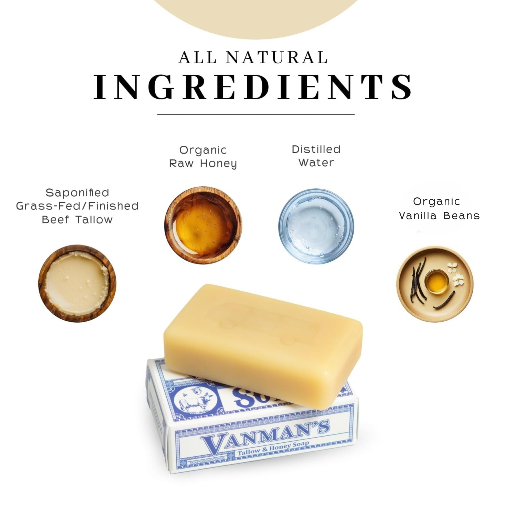 VanMan Beef Tallow Bar Soap ingredients closeup highlights raw honey and vanilla infusion.