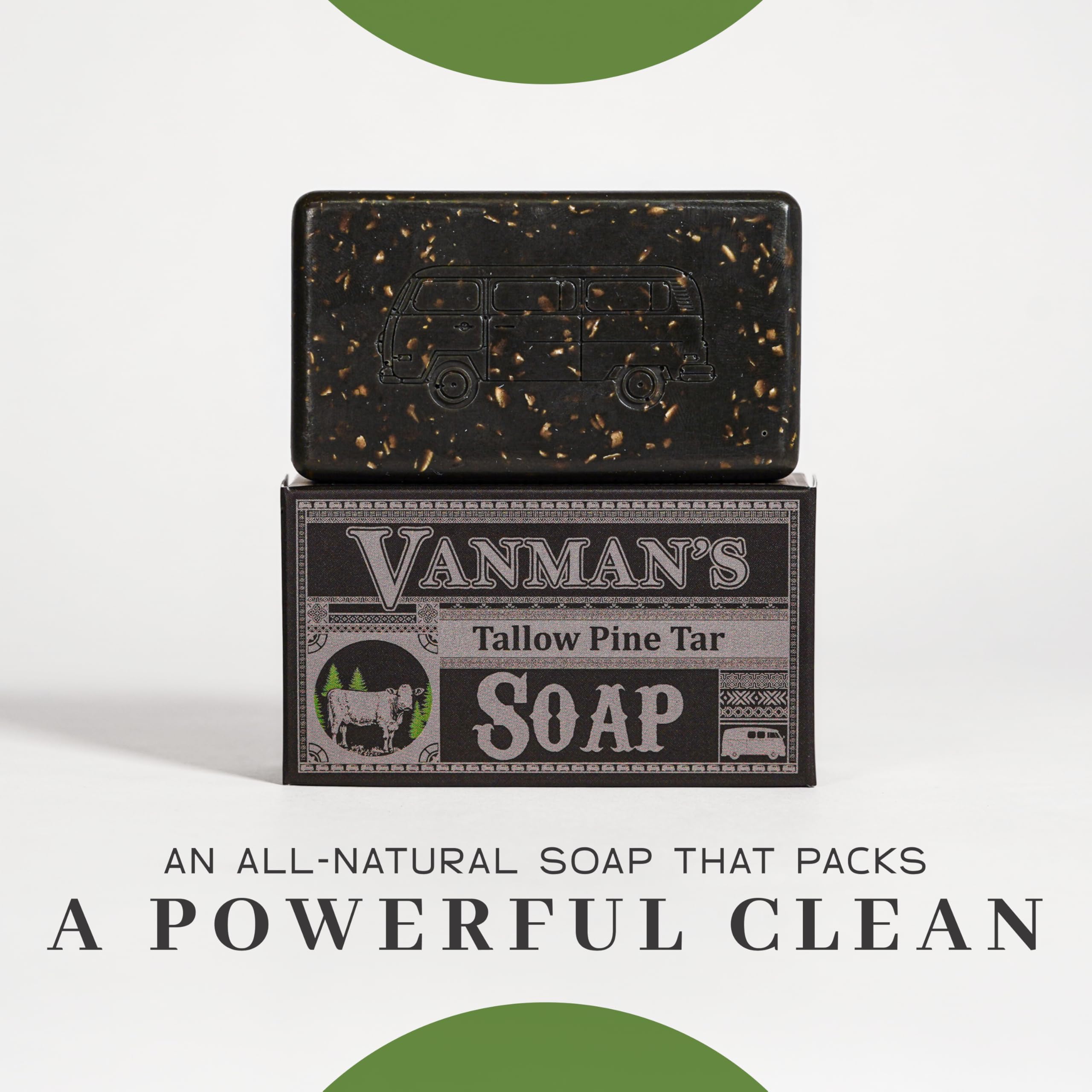 VanMan Tallow & Pine Tar Soap Bar tea tree oil aroma adds an earthy, refreshing note