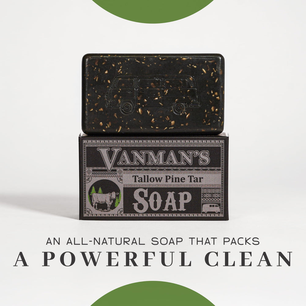 VanMan Tallow & Pine Tar Soap Bar tea tree oil aroma adds an earthy, refreshing note