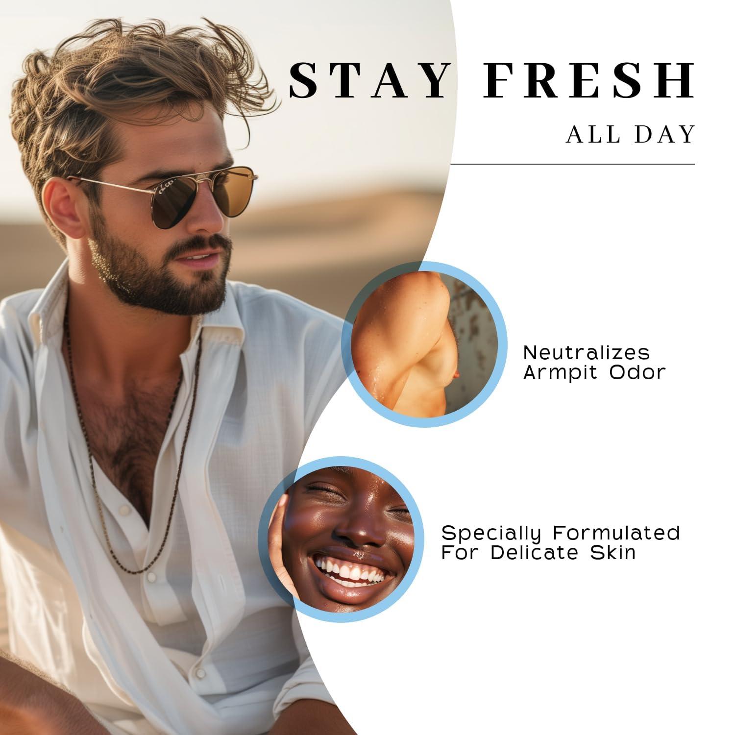 Vanman’s deodorant application image highlights smooth glide with residue-free wear.