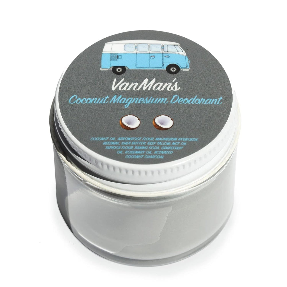 The VanMan Company vanmans-handmade-coconut-deodorant-bottle image shows travel-friendly all-day odor control.