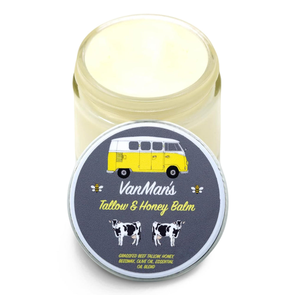 Vanman's Tallow and Honey Balm tin jar showcases a nourishing multipurpose moisturizer for face and body