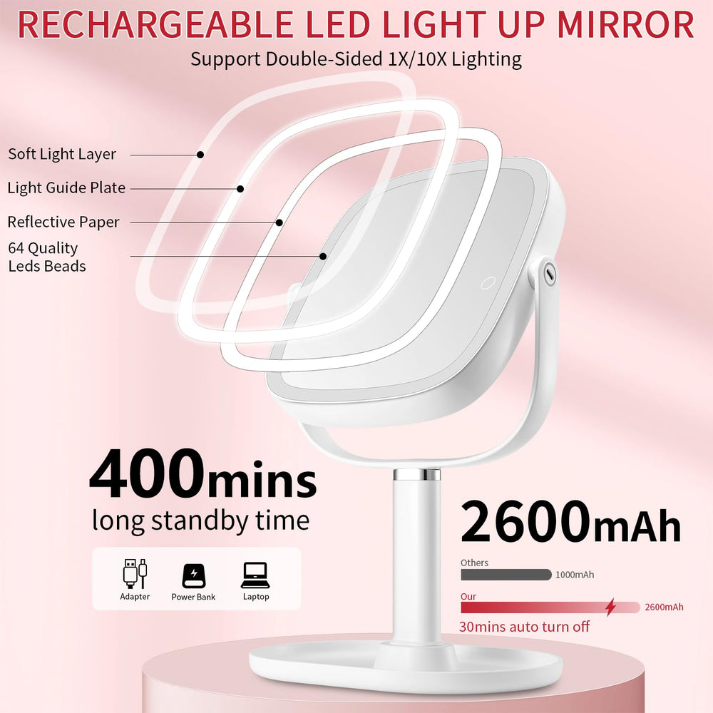 Vanmirr lighted makeup mirror built-in 2600mAh battery for cordless grooming.