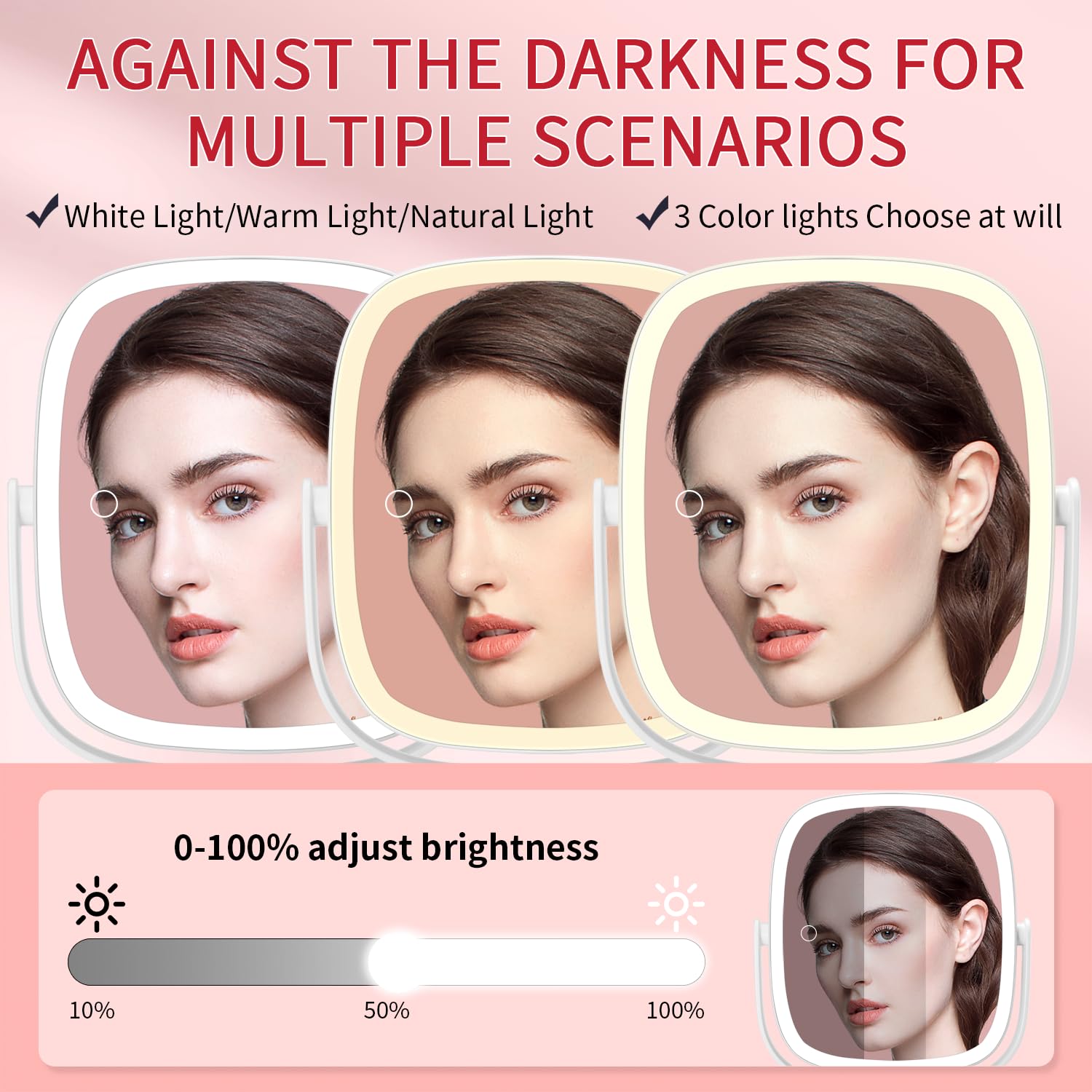 Vanmirr lighted makeup mirror 360° rotation for flexible viewing angles.