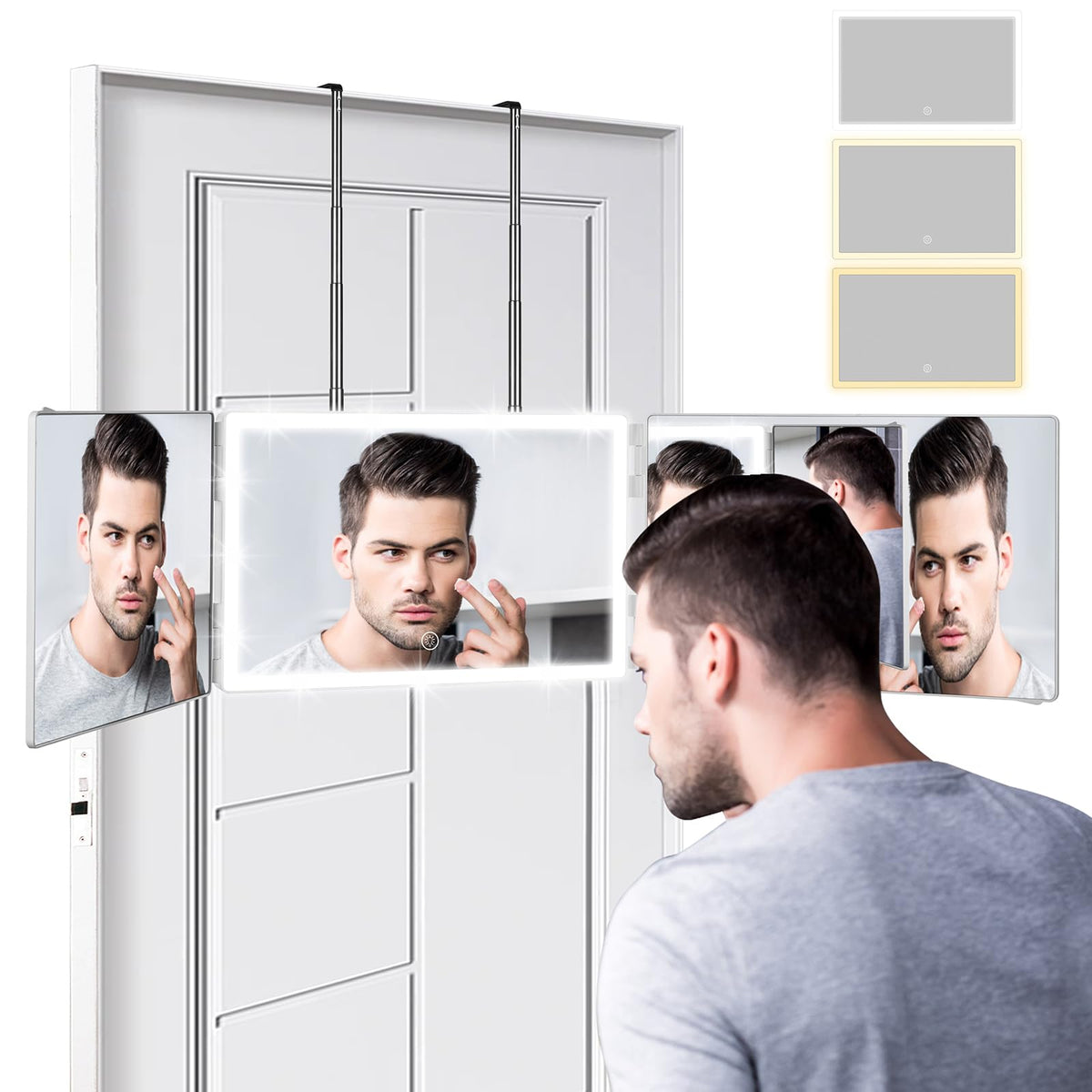 Vanmirr rechargeable 3-way mirror front view with four soft LEDs for precise grooming.