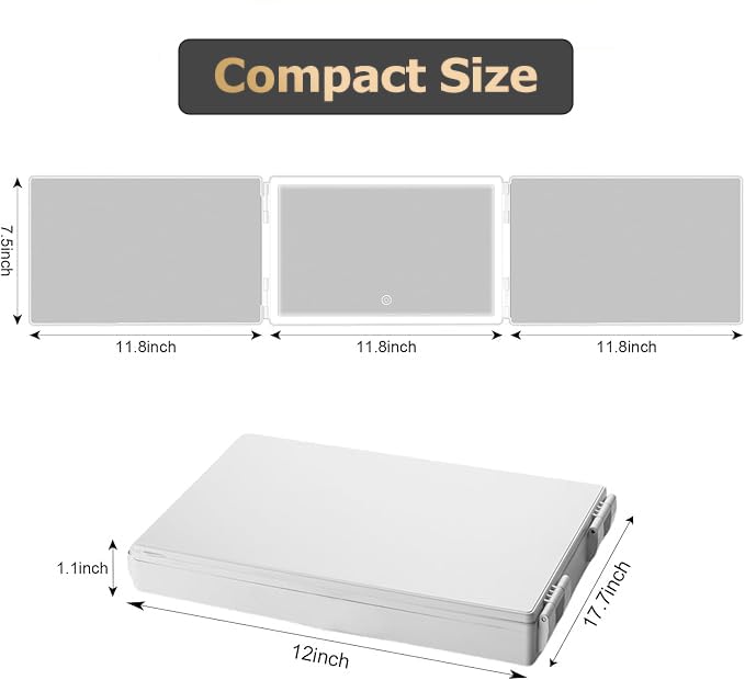 Vanmirr 3-way mirror showing dimmable LED lights for makeup and shaving versatility.