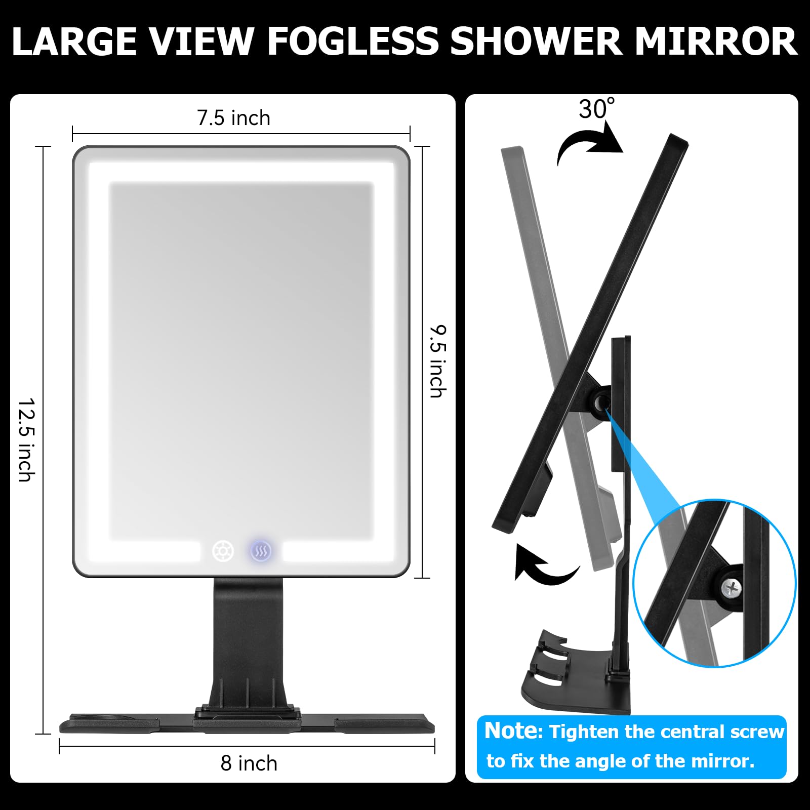 Vanmirr heated shower mirror with three color lights for precise grooming