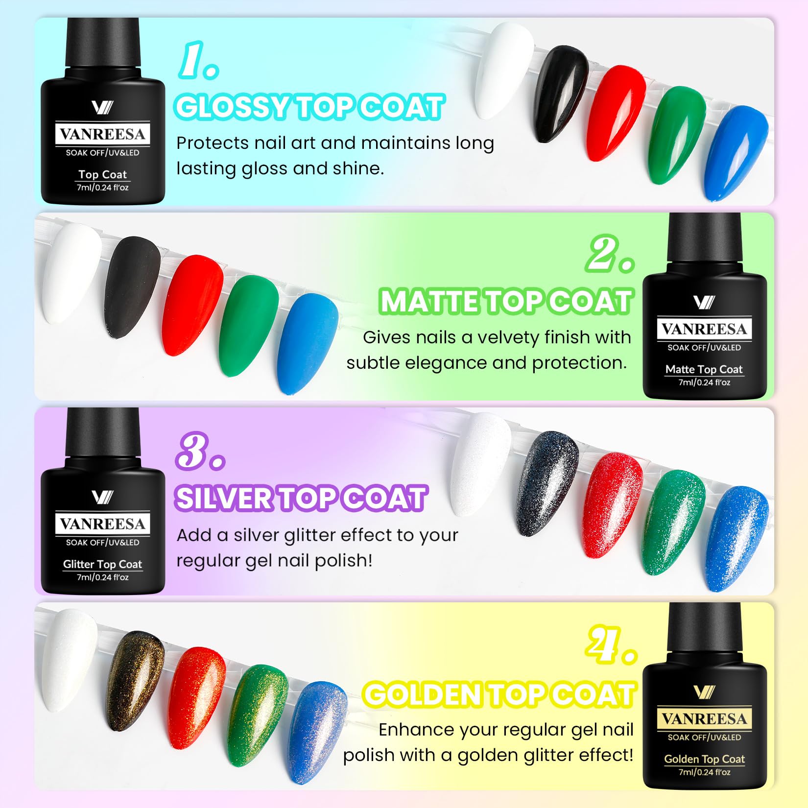 VANREESA base and top coats provide smooth base and glossy or matte finishes.