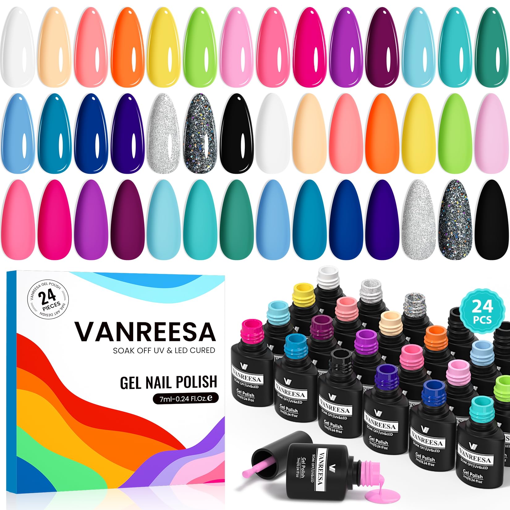 VANREESA 21-color gel nail polish palette for vibrant DIY manicures.