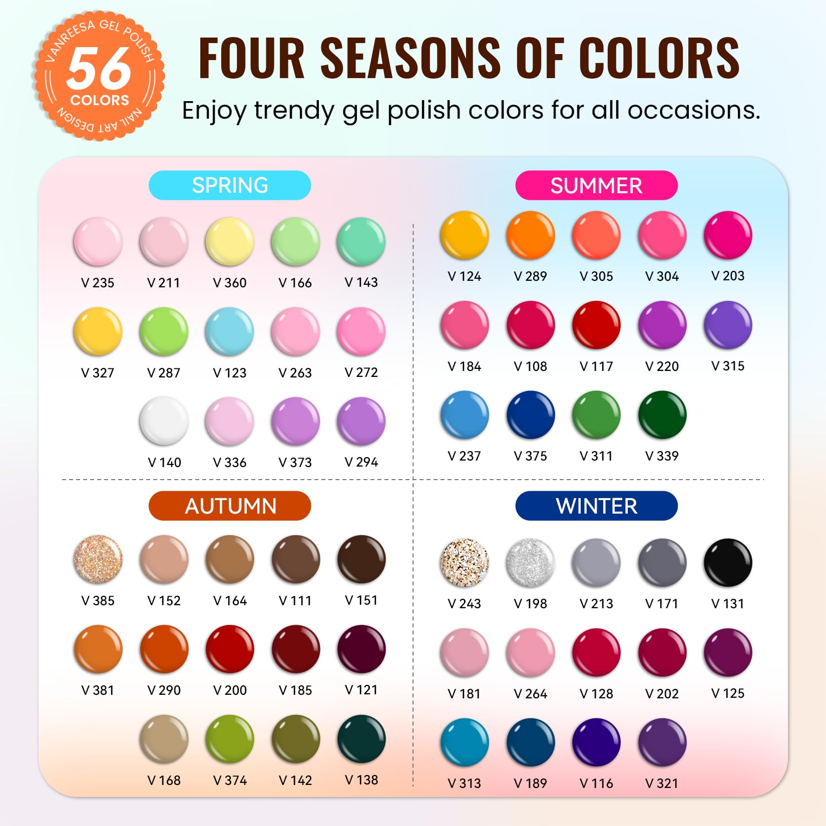 VANREESA color display board showing 56 gel shades for selection