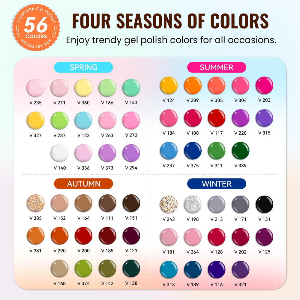 VANREESA color display board showing 56 gel shades for selection