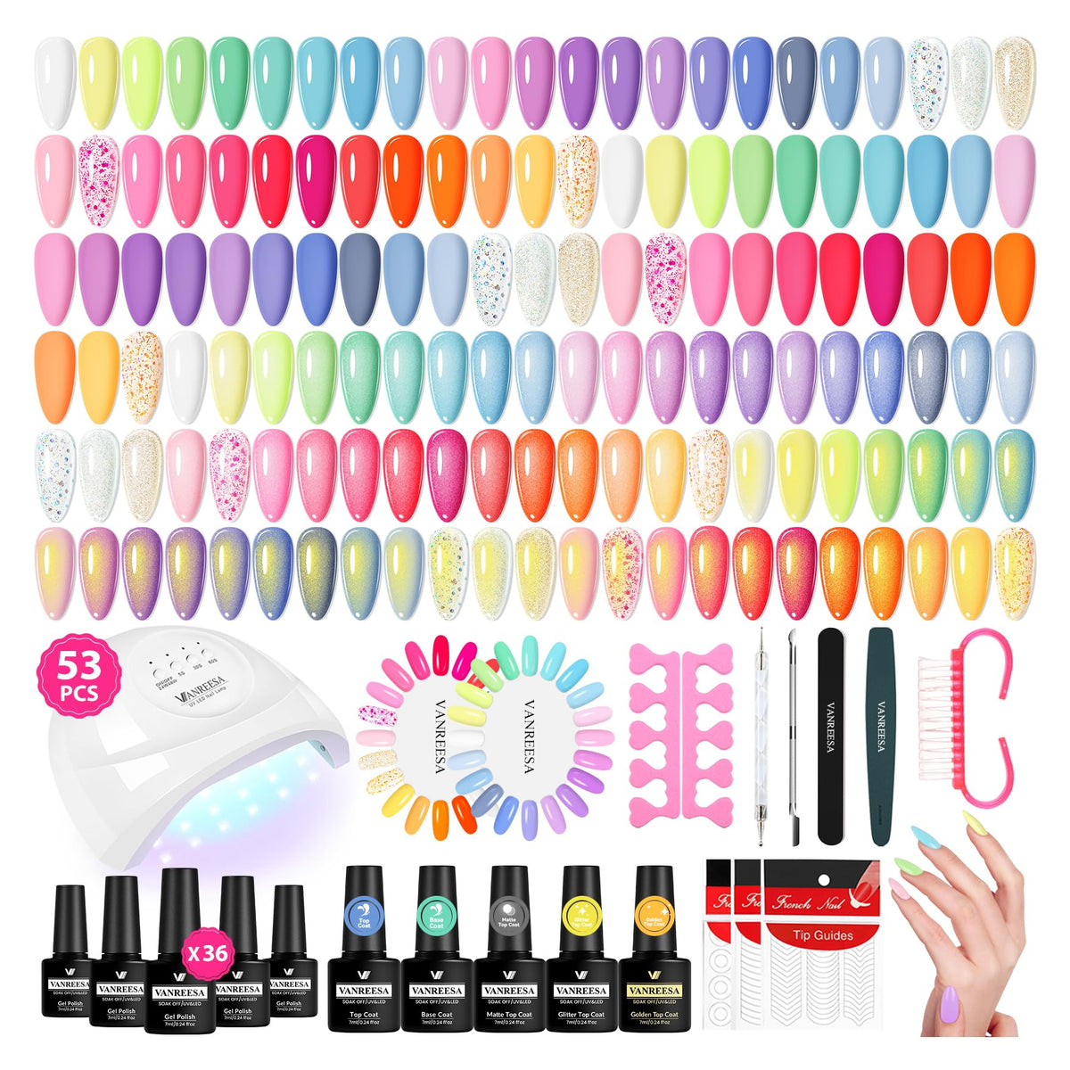 VANREESA gel nail polish kit with UV light displaying 53 colors for at-home manicures.
