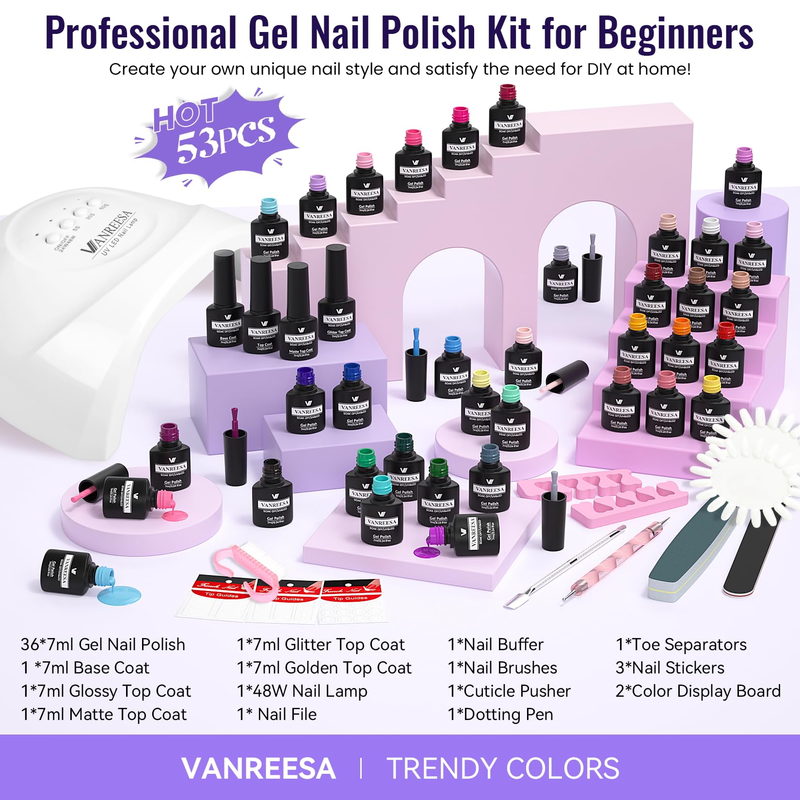 VANREESA top coats showing glossy, matte, silver and gold finishes
