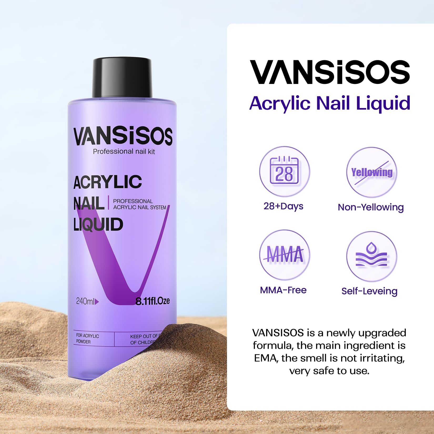 VANSISOS acrylic liquid crystal-clear finish keeps nails vibrant and color-true.