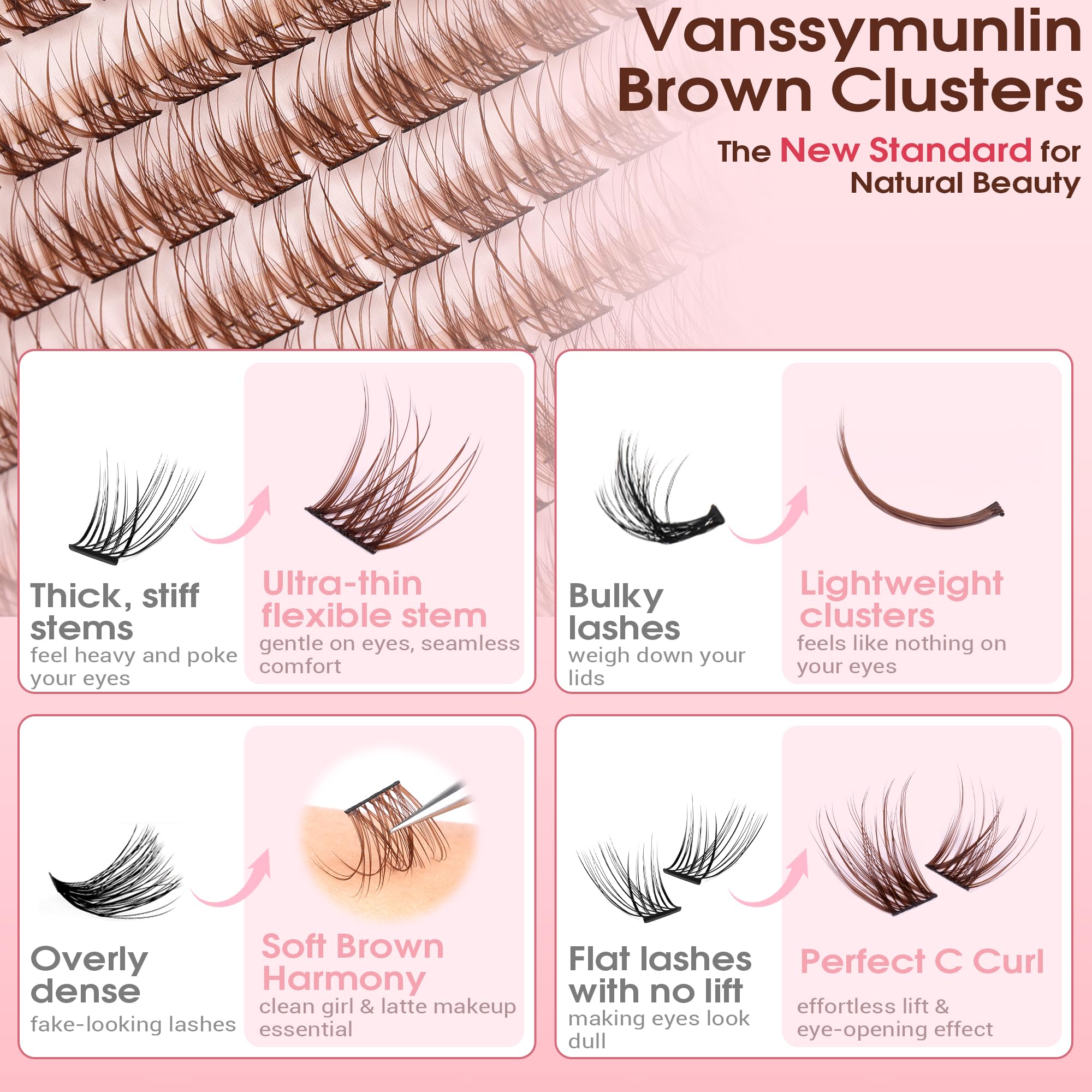 Vanssymunlin brown lash clusters kit packaging showcases natural color options.