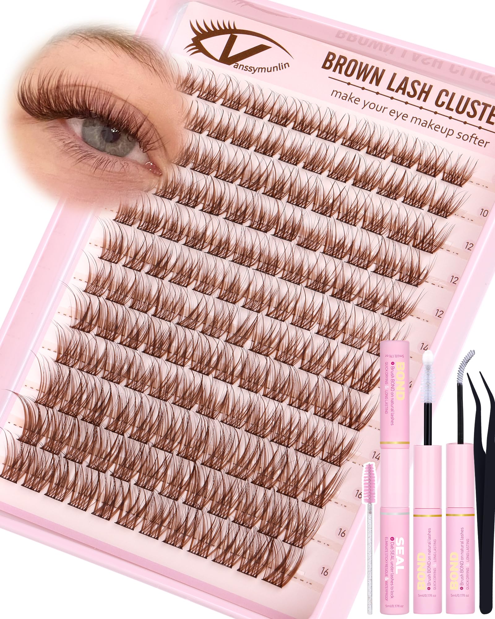 Vanssymunlin brown wispy lash clusters kit 10-16mm for natural fullness at home.