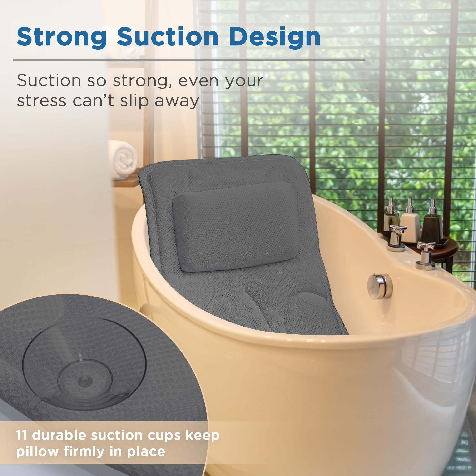 Vanstormy bath pillow with 11 suction cups stays securely attached for slip-free tub use.
