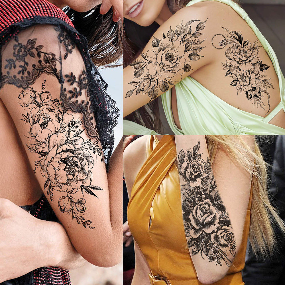 VANTATY realistic-rose-peony-arm-tattoo provides lifelike detail for a chic arm sleeve.
