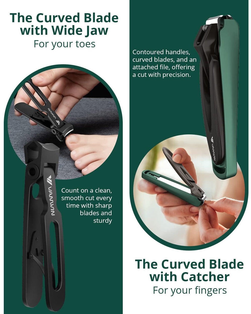 VANWIN nail clipper set with catcher design prevents flying clippings during use.
