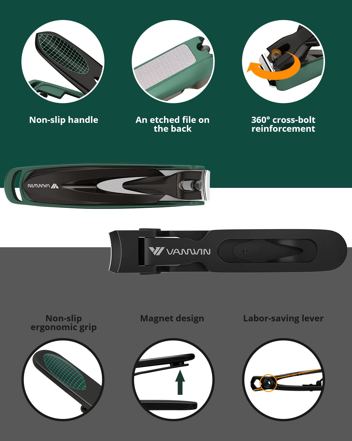 VANWIN fingernail clipper built-in file for smoothing nails.