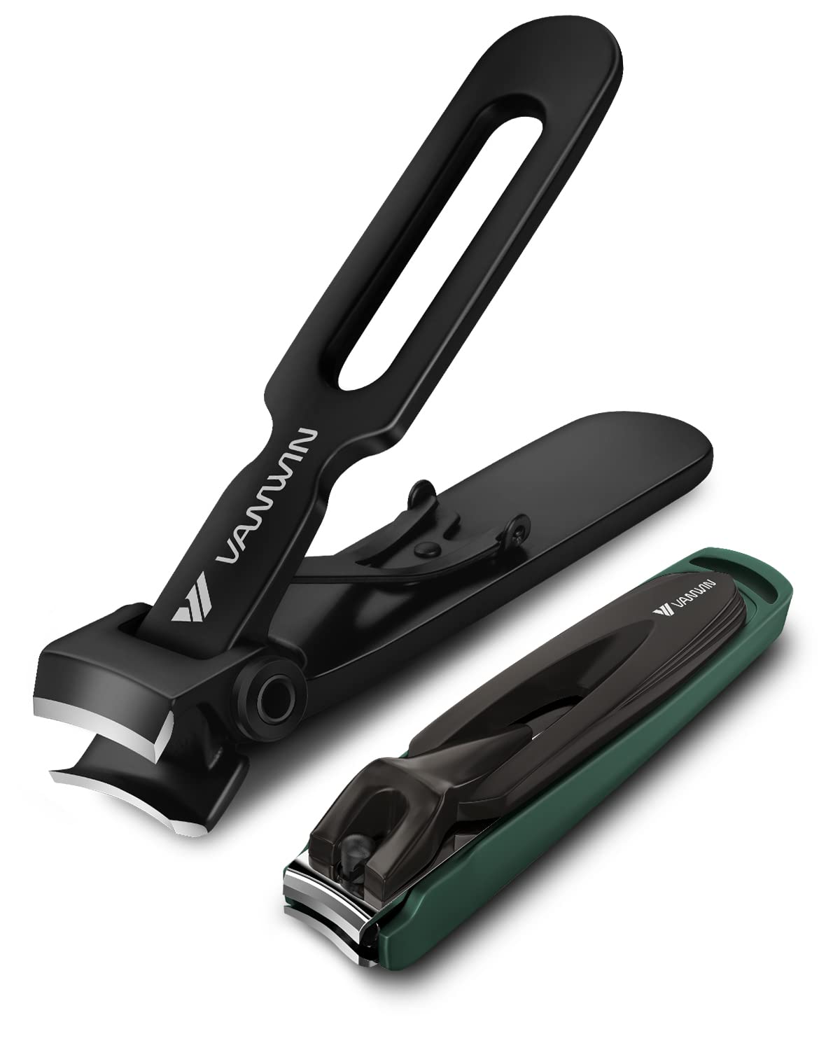 VANWIN nail clipper set 2-pack side view with catcher for tidy clipping.