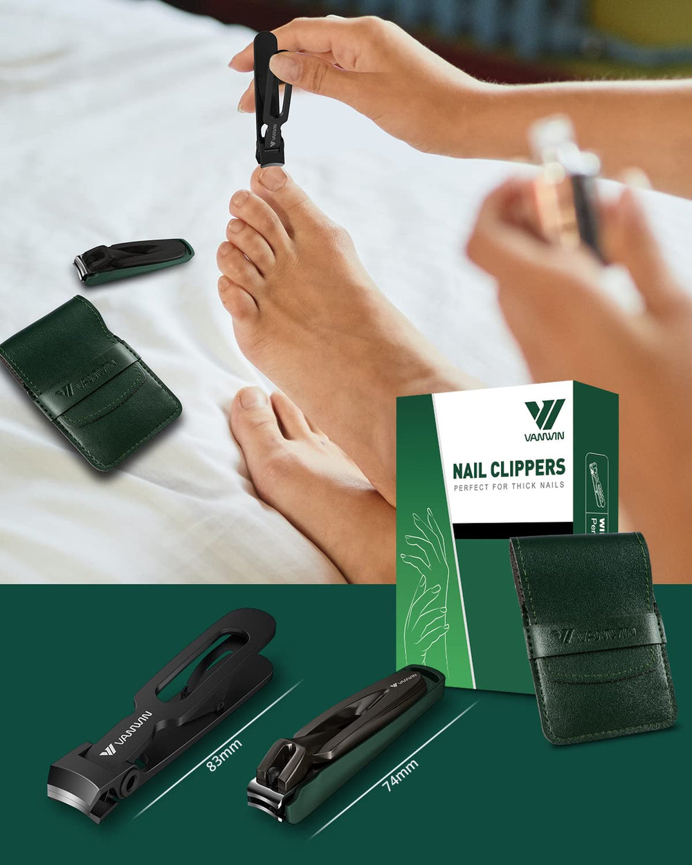 VANWIN thick-nail use clipper demonstrates 16mm jaw for tough nails.