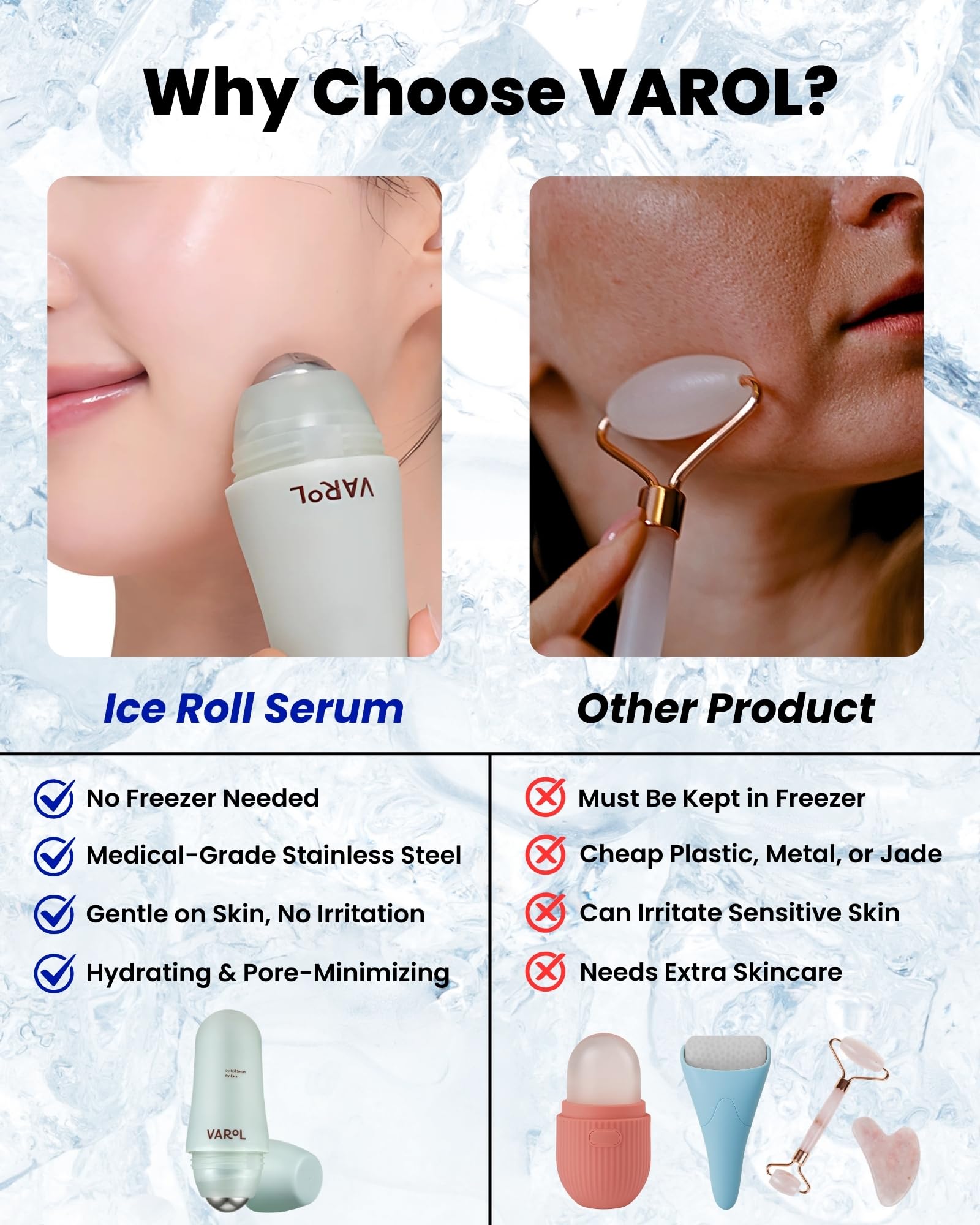 VAROL Ice Roll Serum on-the-go relief during travel or busy mornings.