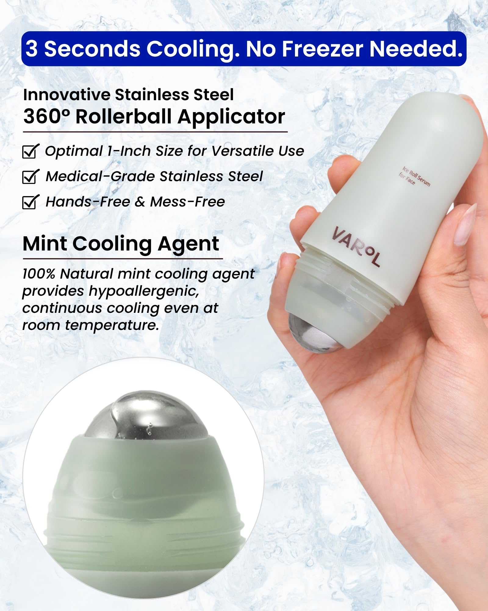 VAROL Ice Roll Serum stainless-steel roller demonstrates hygienic, smooth application.