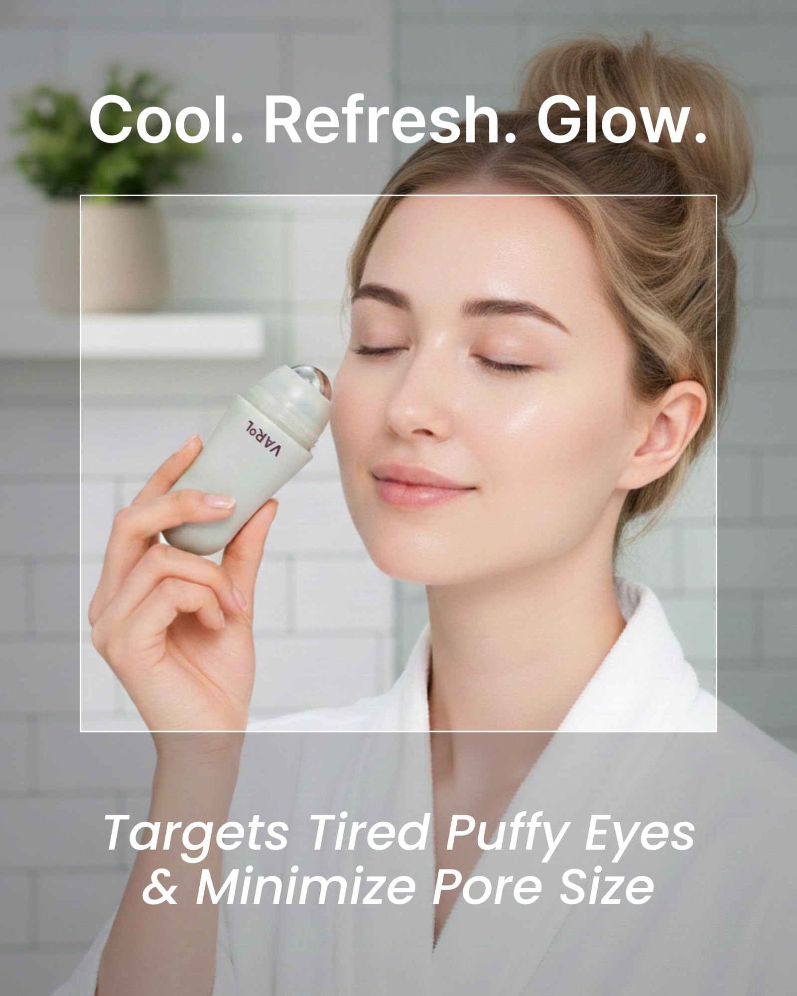 VAROL Ice Roll Serum under-eye closeup showing puffiness relief and brighter area.