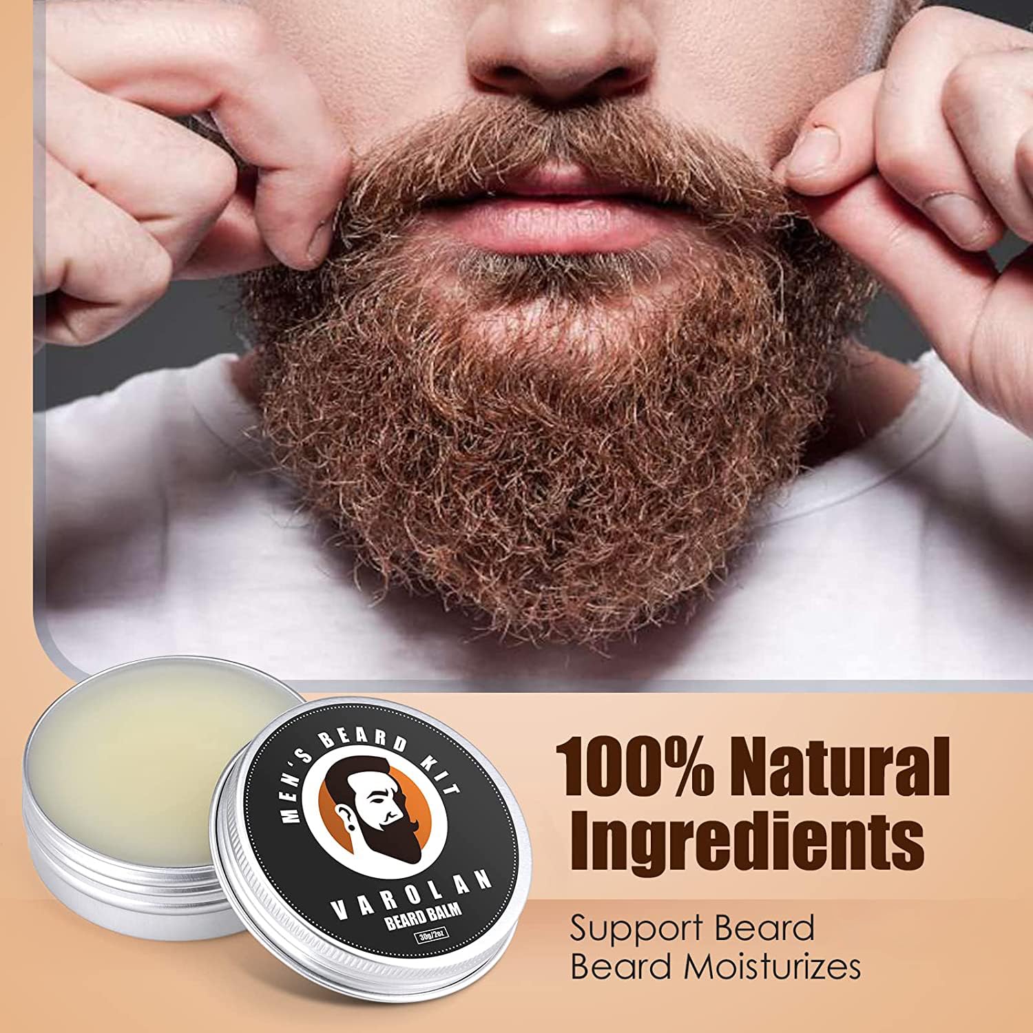 Varolan beard balm jar gleaming, softening beard hairs for a polished finish.