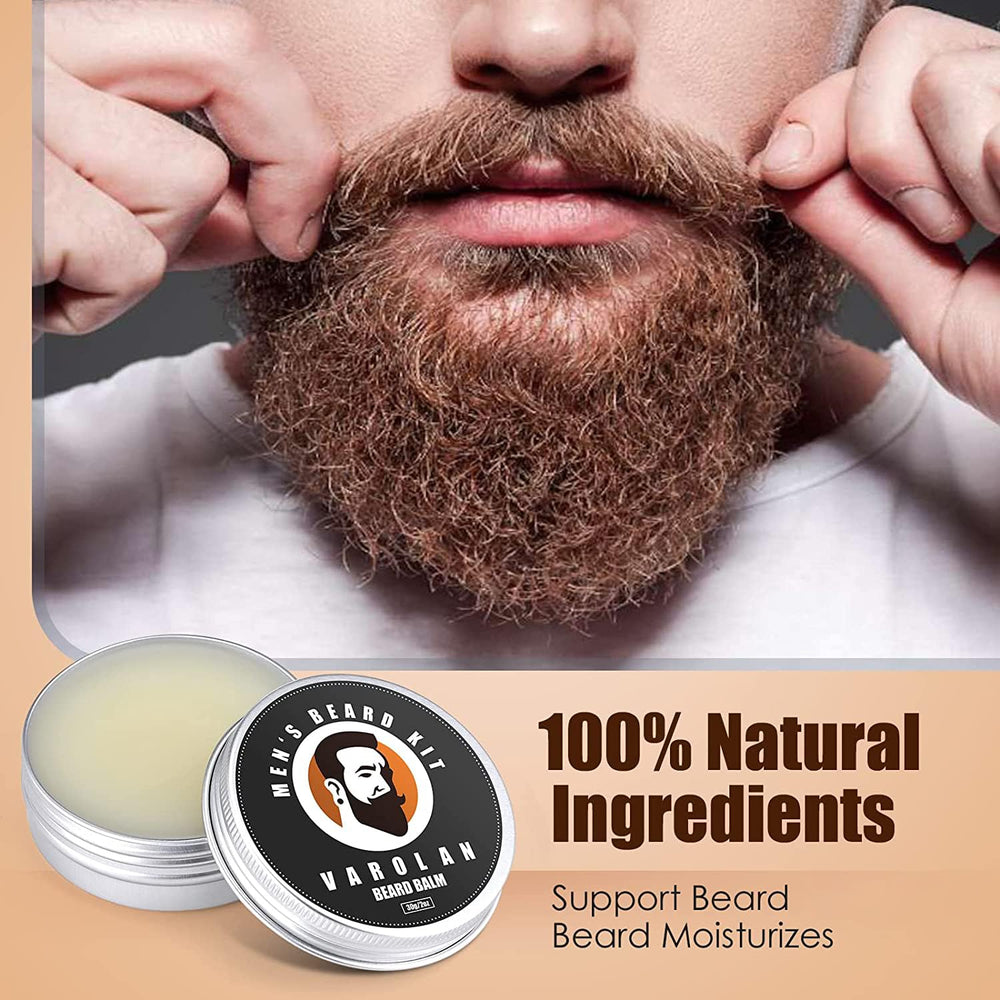 Varolan beard balm jar gleaming, softening beard hairs for a polished finish.