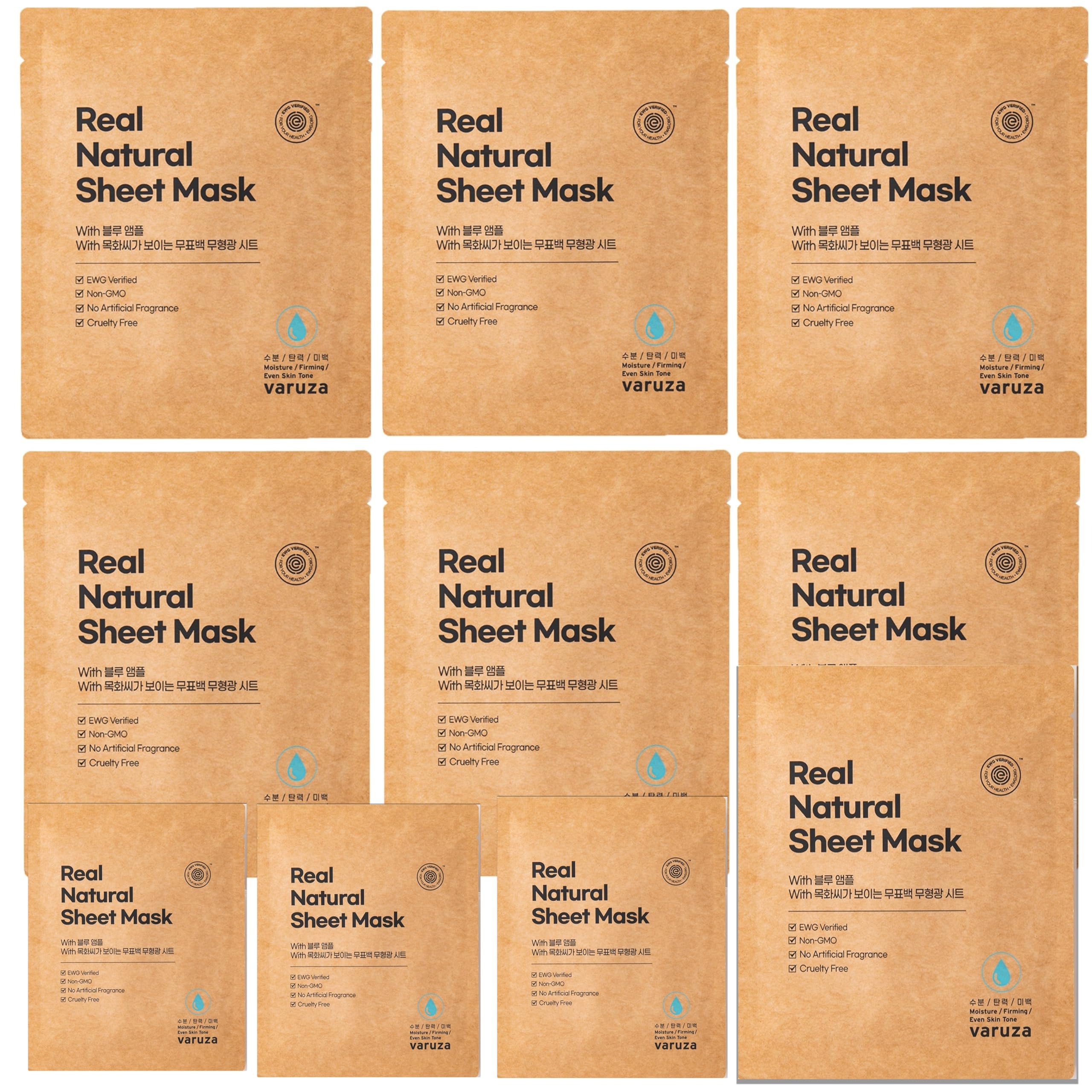 Varuza Real Natural Sheet Mask blue ampoule packaging signals premium hydration readiness.