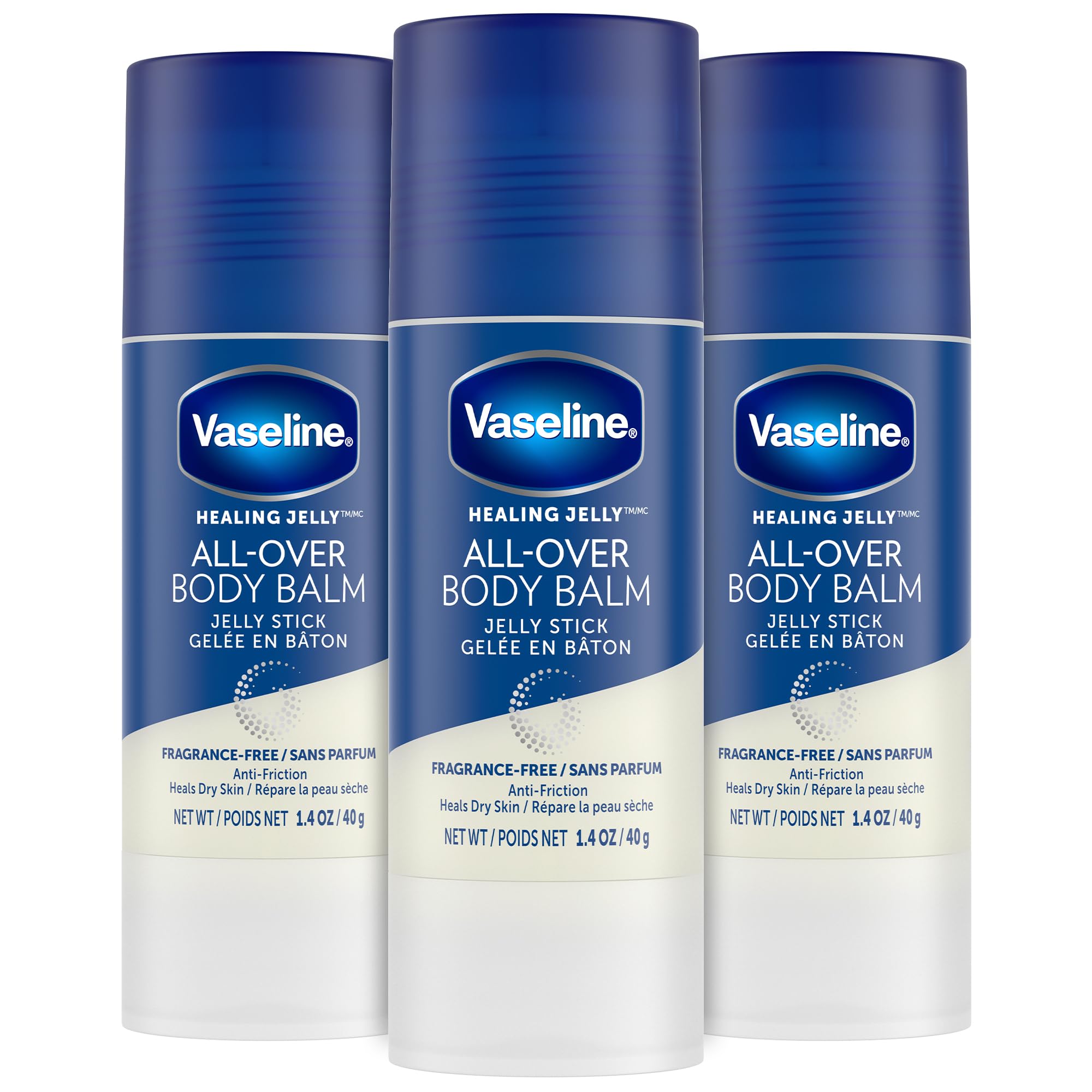 Vaseline All-Over Body Balm Stick 3-pack front view, portable fragrance-free moisture on the go.