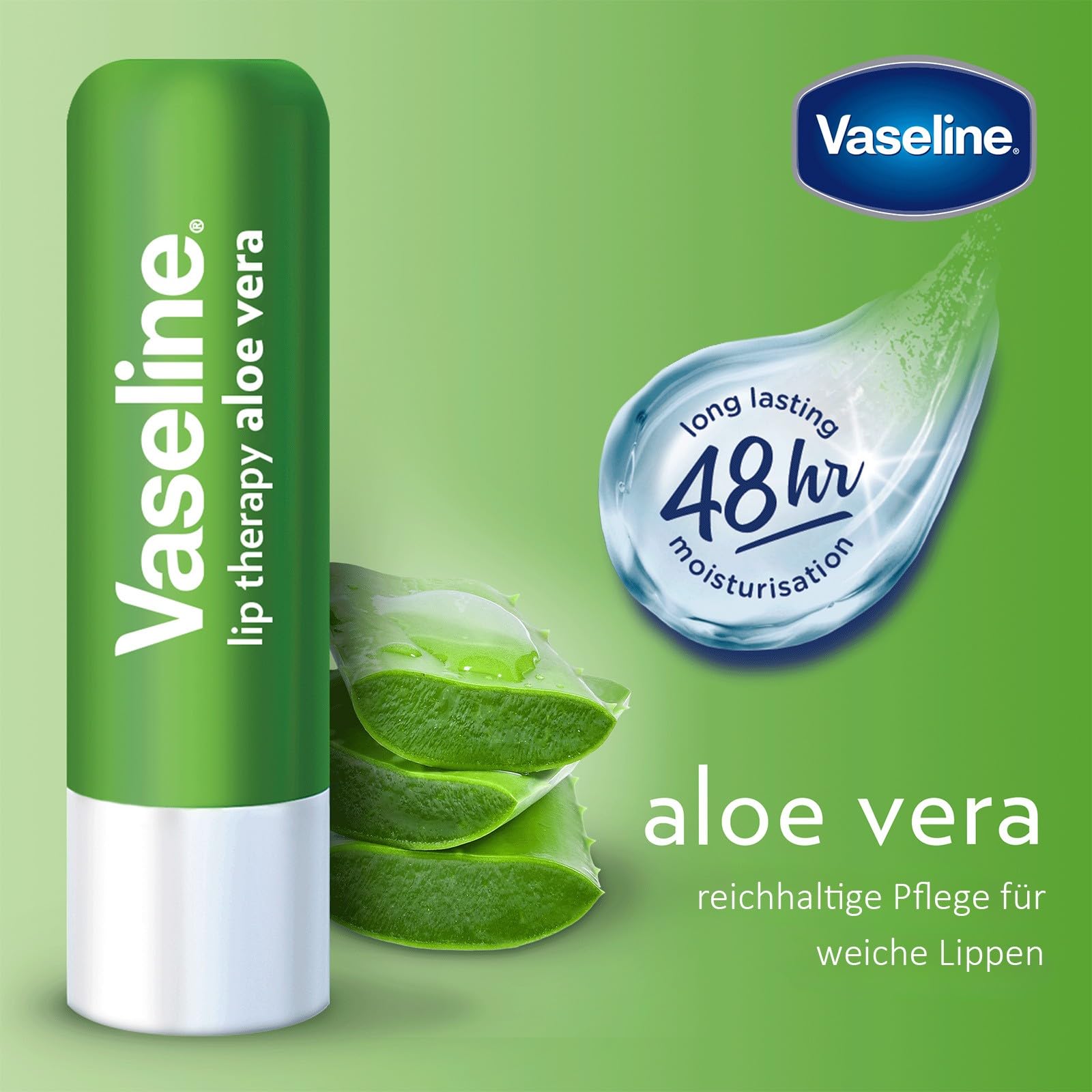 Vaseline Aloe Fresh Lip Therapy Stick closeup highlights creamy texture.