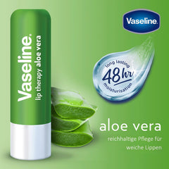 Vaseline Aloe Fresh Lip Therapy Stick closeup highlights creamy texture.