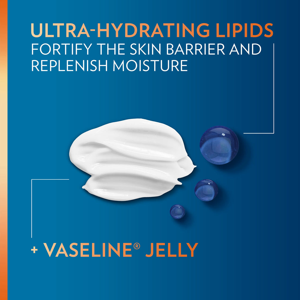 Vaseline bottle on bathroom shelf demonstrates all-over skin moisture.
