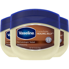 Vaseline Blueseal Cocoa Butter Jelly jar close-up showing rich hydration for dry skin.