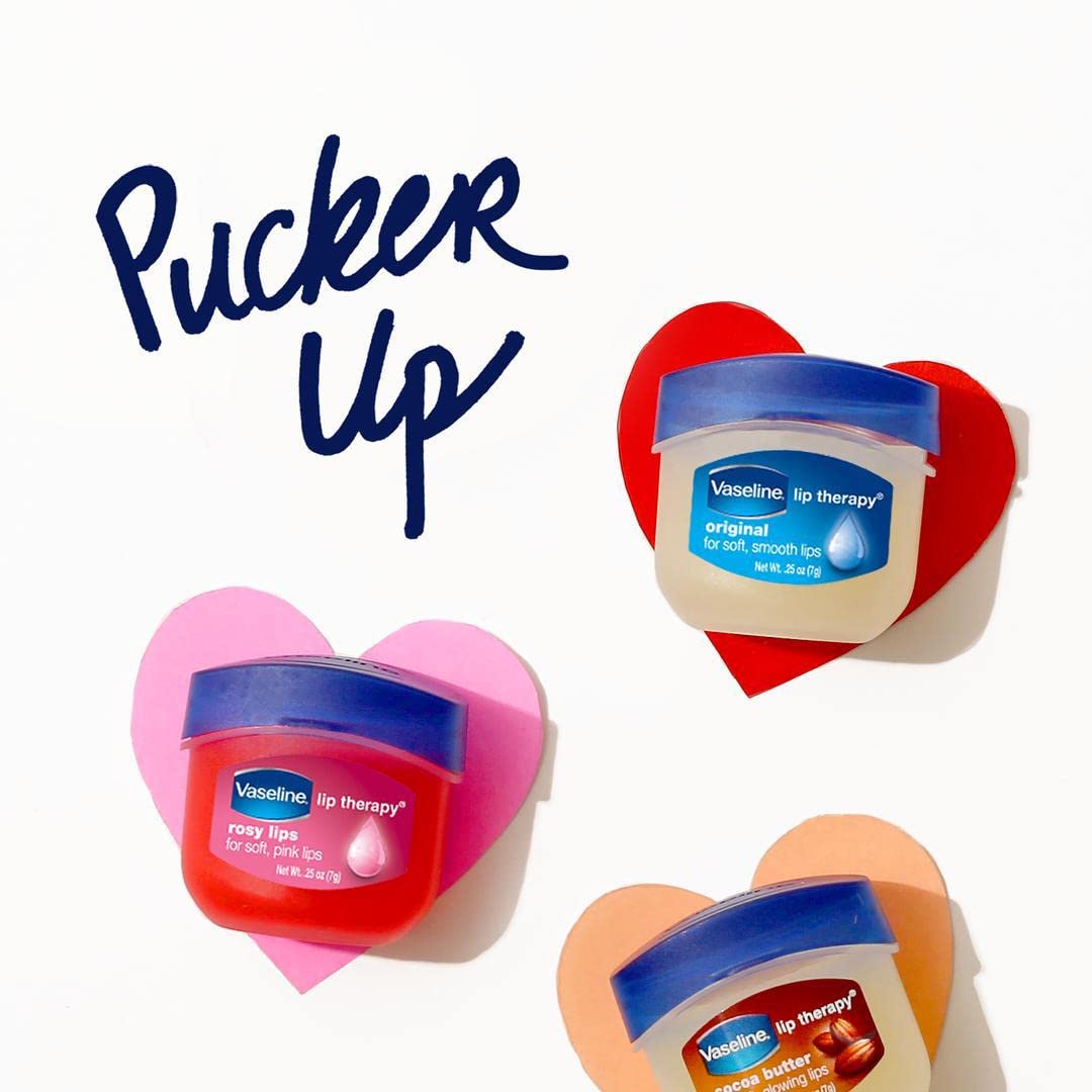 Vaseline Cocoa Butter lip balm being applied for dry lip relief.
